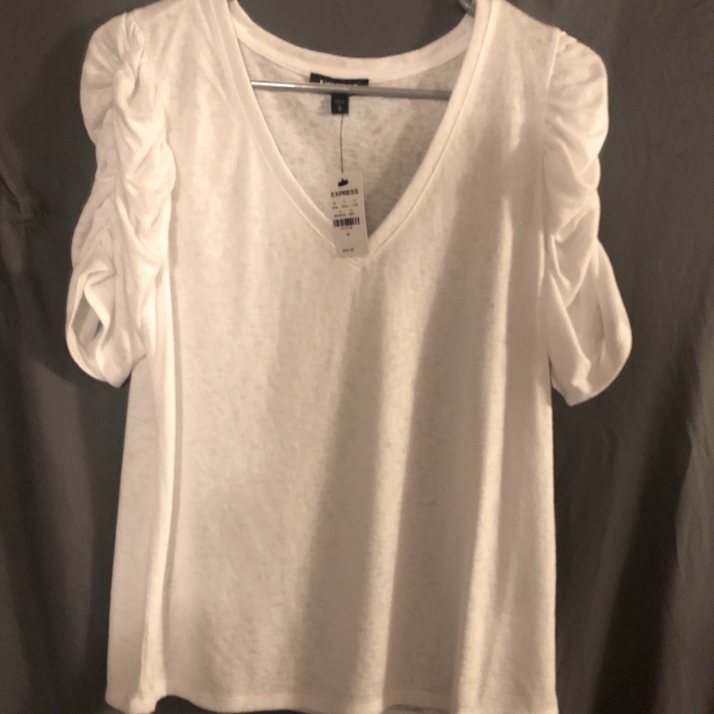 Express White Ruched Sleeve T-Shirt NWT
